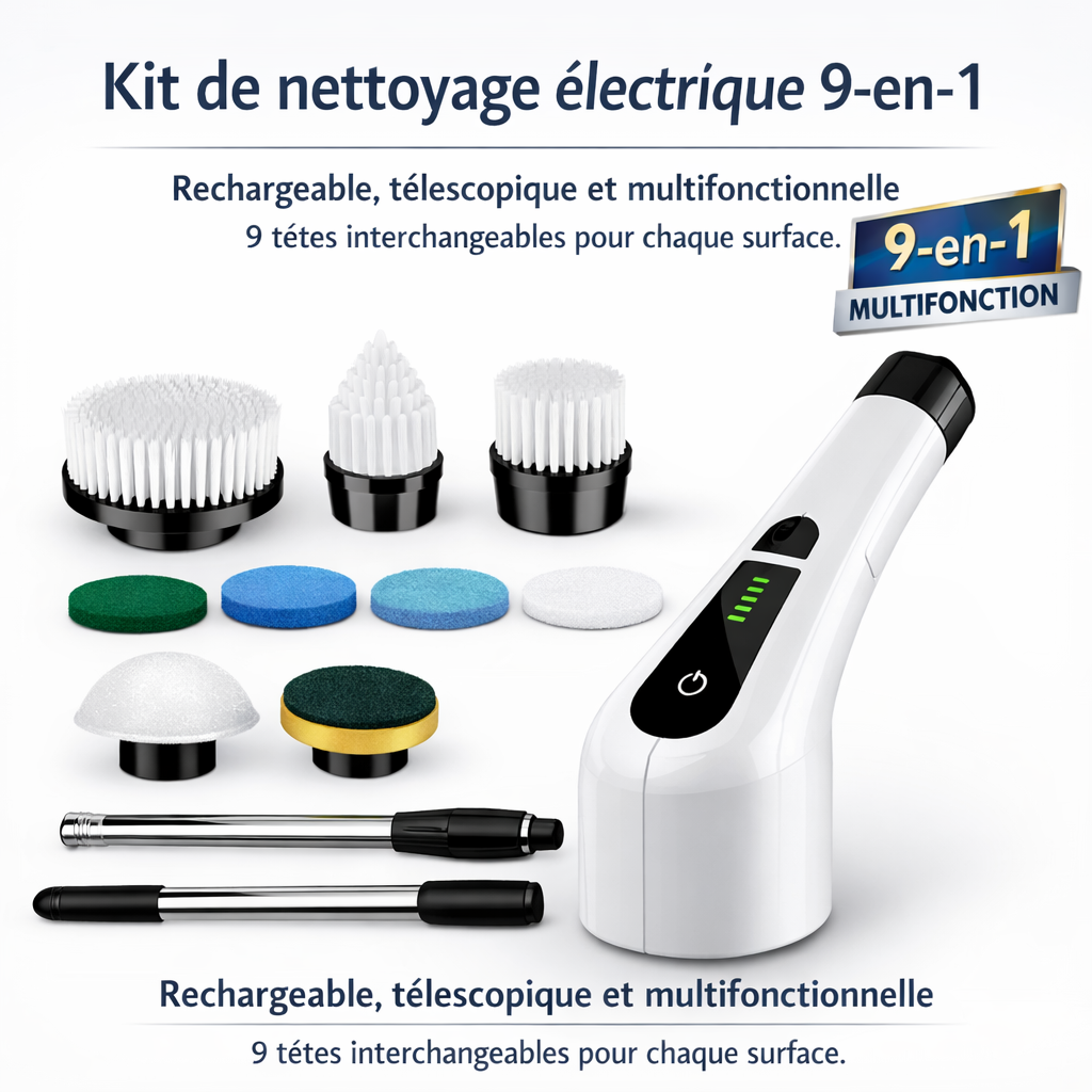 Brosse Électrique Multifonctionnelle 9 en 1 avec Manche Télescopique