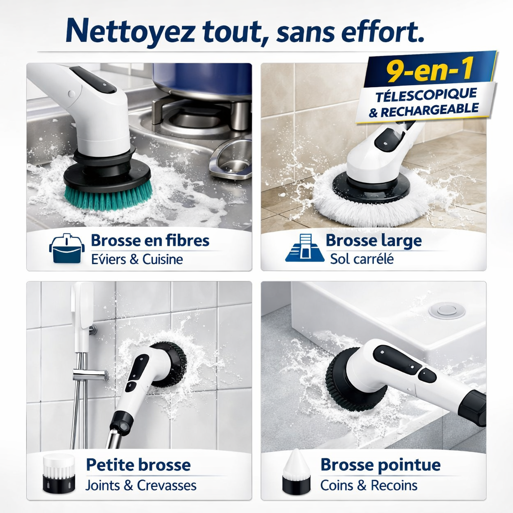 Brosse Électrique Multifonctionnelle 9 en 1 avec Manche Télescopique