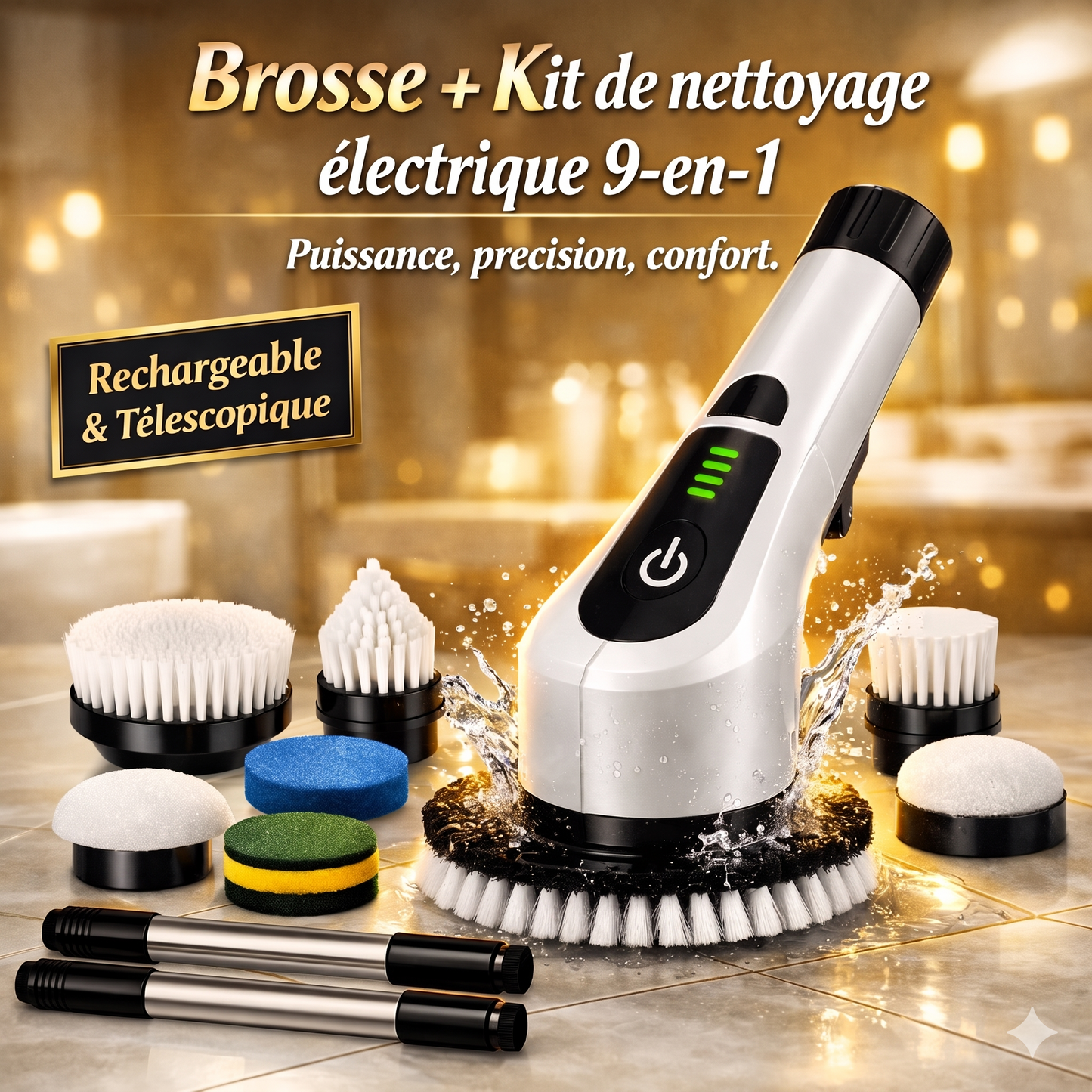 Brosse électrique multifonctionnelle 9 en 1 avec fonction télescopique